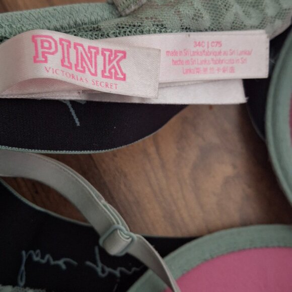 PINK Victorias Secret 34C Bra Underwire Padded Light Green Lace - Picture 5 of 5